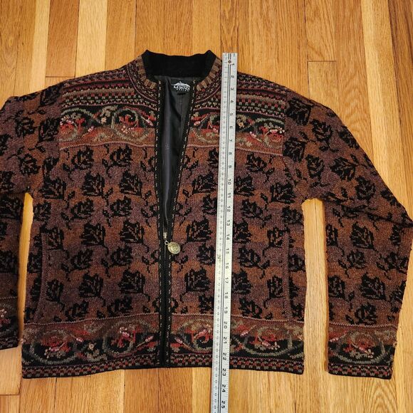 Icelandic Design Floral Fall Colors Wool Zip 90's Cardigan Sweater Jacket, Sz S - Picture 12 of 12